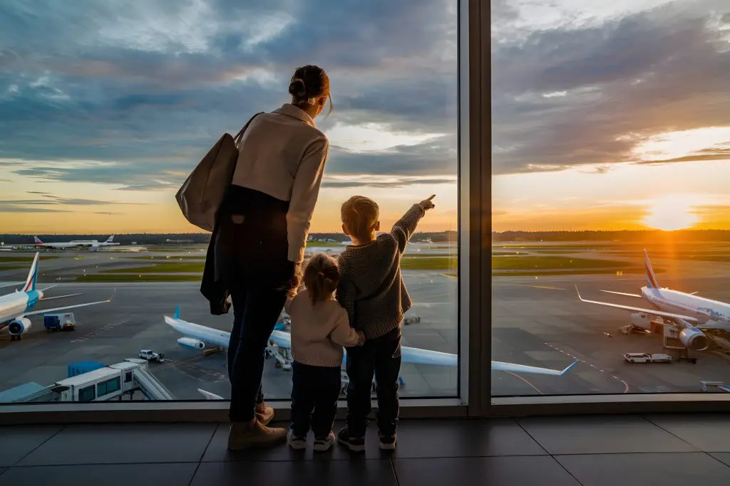 Family pointing at airplanes on the tarmac from the airport