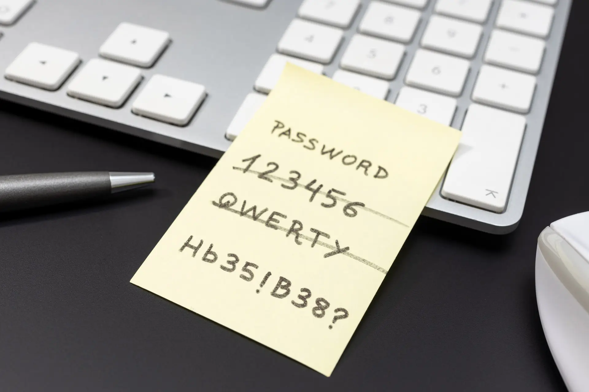 Sticky note on a keyboard with a list of passwords written on it